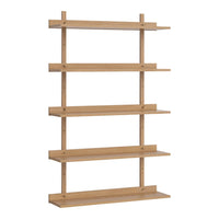 Natural wood shelving unit with five open shelves and a minimalist design, showcasing a light brown finish.