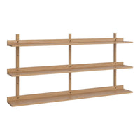 Natural wood shelf with a smooth, light brown finish and minimalist design, featuring three spacious, even shelves.
