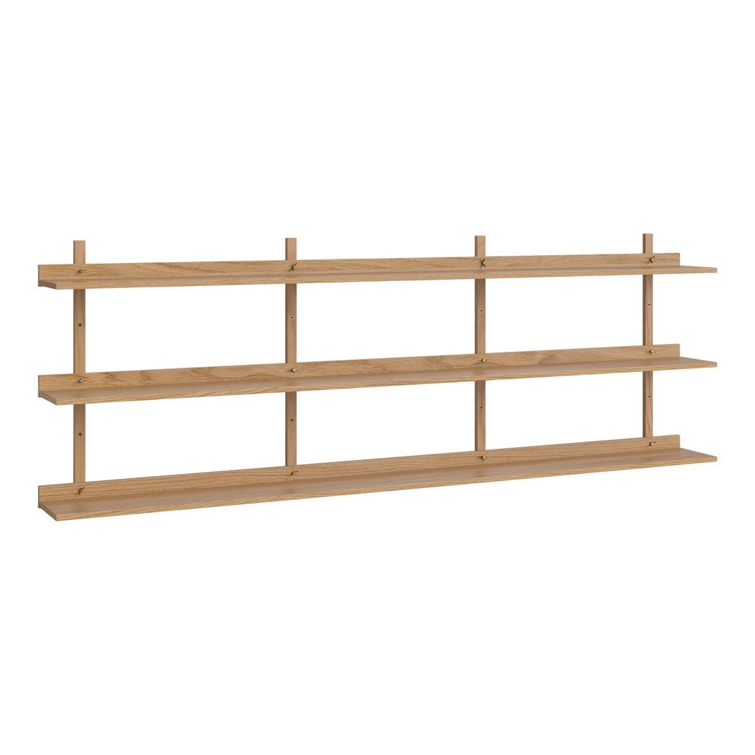 Natural wood finish shelving unit with a minimalist design, featuring smooth lines and an open layout.