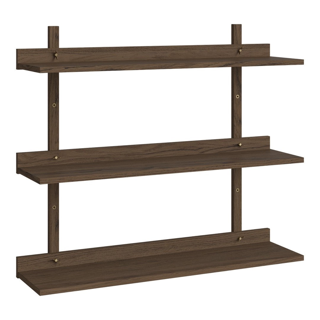 Three-tier floating shelf in a rich walnut finish with smooth, minimalist lines and subtle grain patterns.