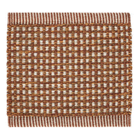 Brown and cream woven rug with a textured checkered pattern and fringed edges. Perfect for adding warmth to any space.