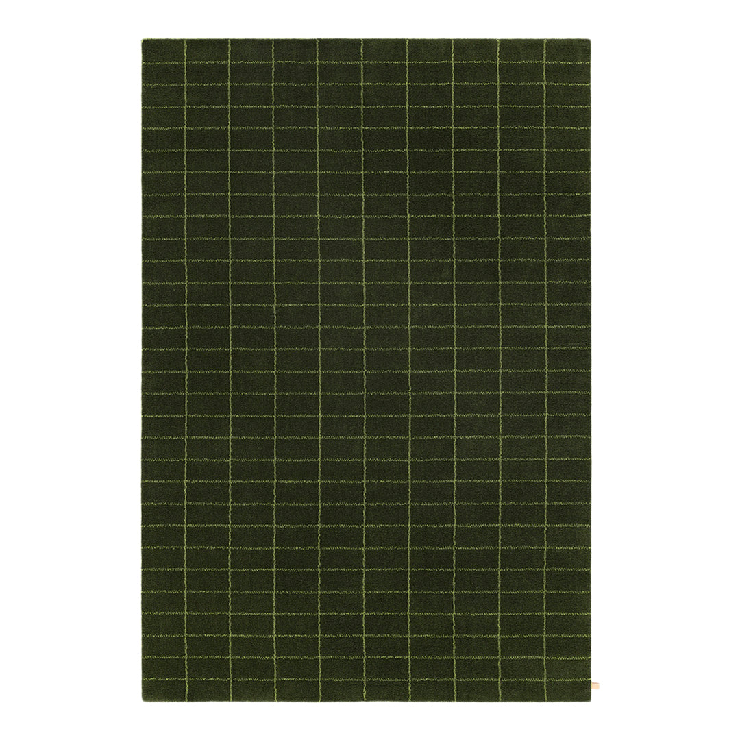 Green rug with a grid pattern featuring thin yellow lines, perfect for modern decor.