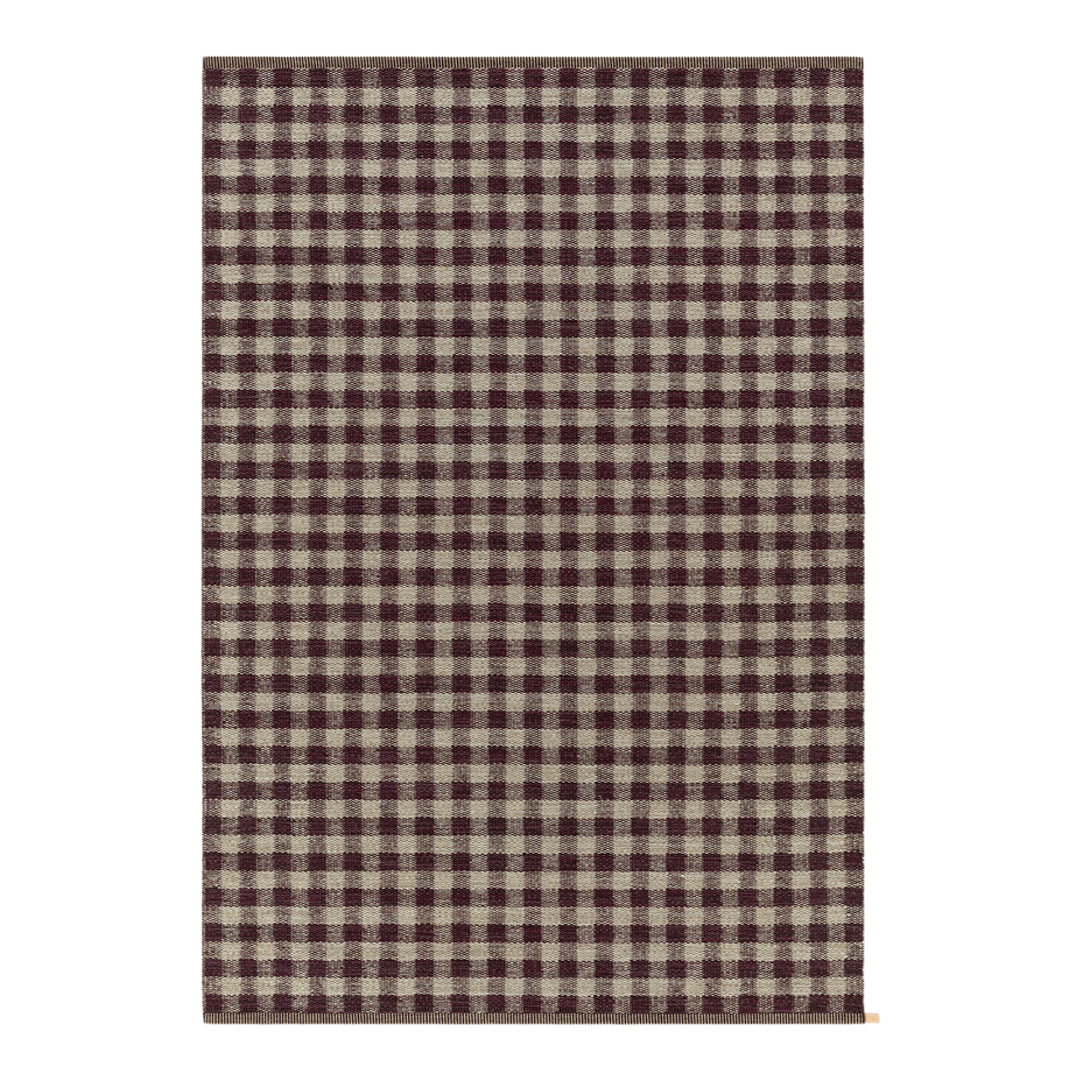 Dark burgundy and cream gingham check pattern on a textured fabric. Perfect for home decor and crafting projects.