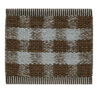 Brown and light blue checkered pattern mat with striped borders, perfect for adding texture to any space.