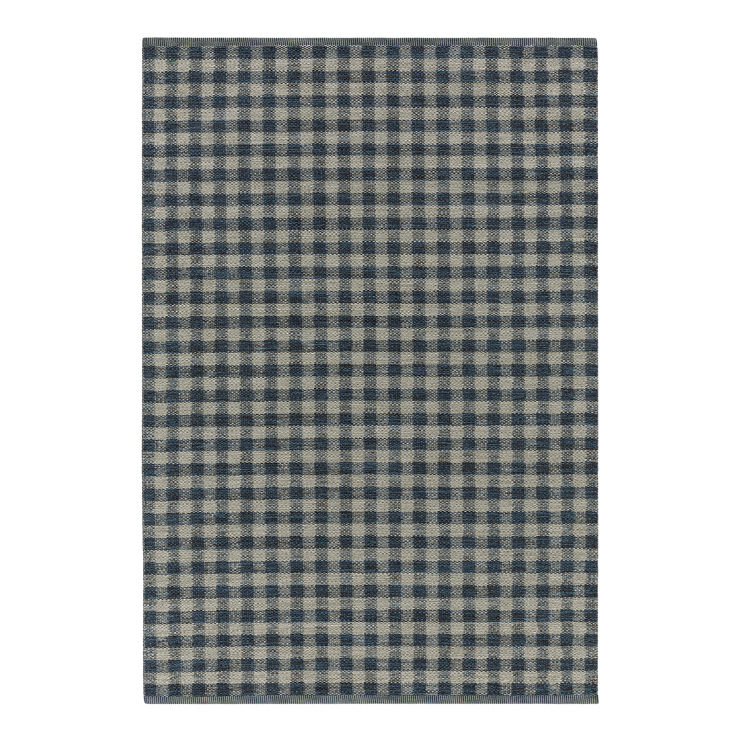 Navy and beige checkered pattern fabric, featuring a classic gingham design. Ideal for home decor and upholstery projects.