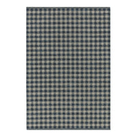 Navy and beige checkered pattern fabric, featuring a classic gingham design. Ideal for home decor and upholstery projects.