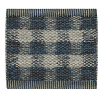 Blue and gray checkered patterned rug with a textured finish and striped border. Perfect for modern decor.