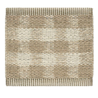 Textured beige rug with light cream and darker brown striped patterns, creating a warm, neutral aesthetic.