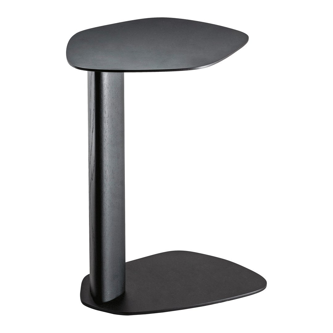 Black modern side table with sleek, minimalist design and smooth surface, featuring organic, curved shapes.