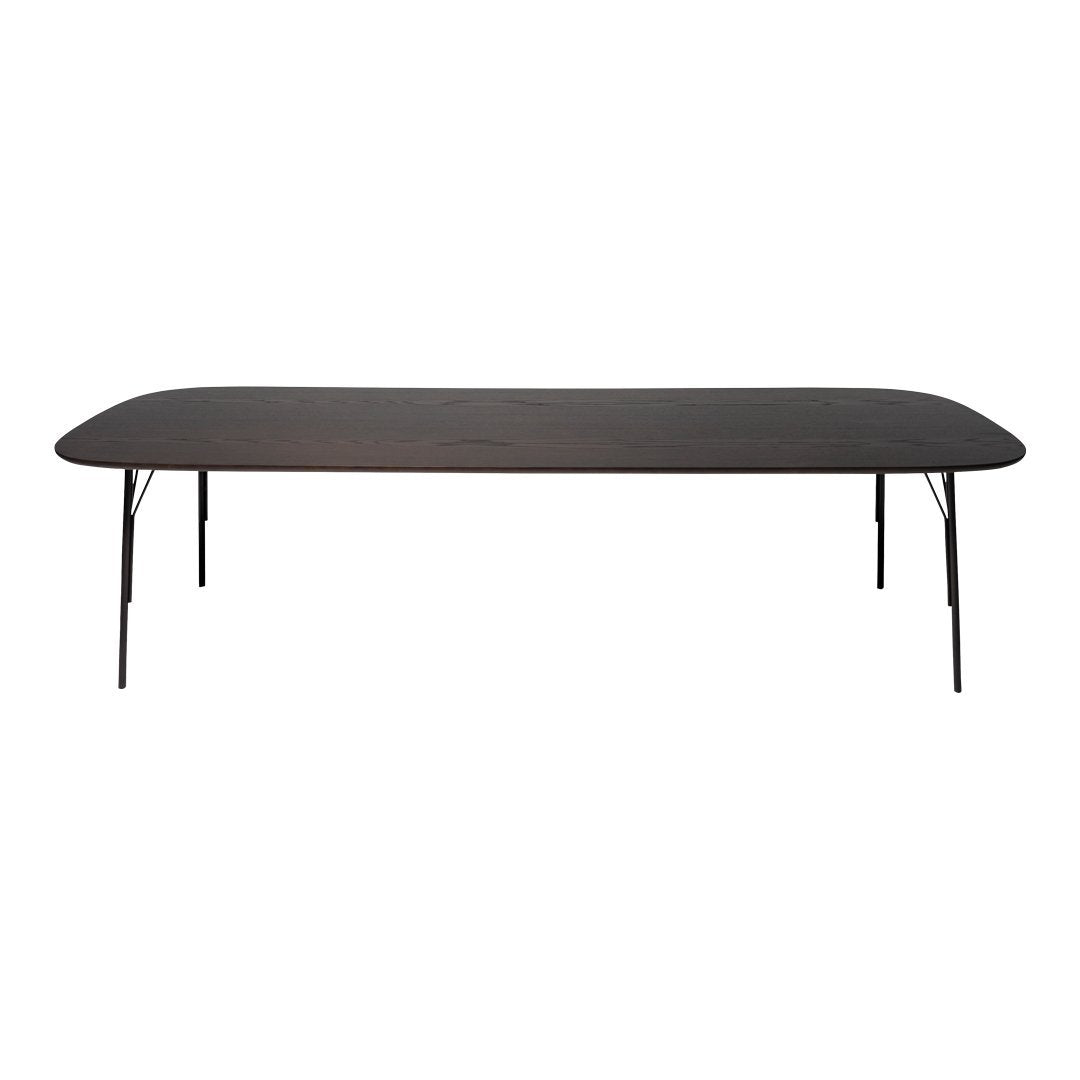Long rectangular folding table in a sleek black finish with smooth edges and minimalist design. Perfect for any space.