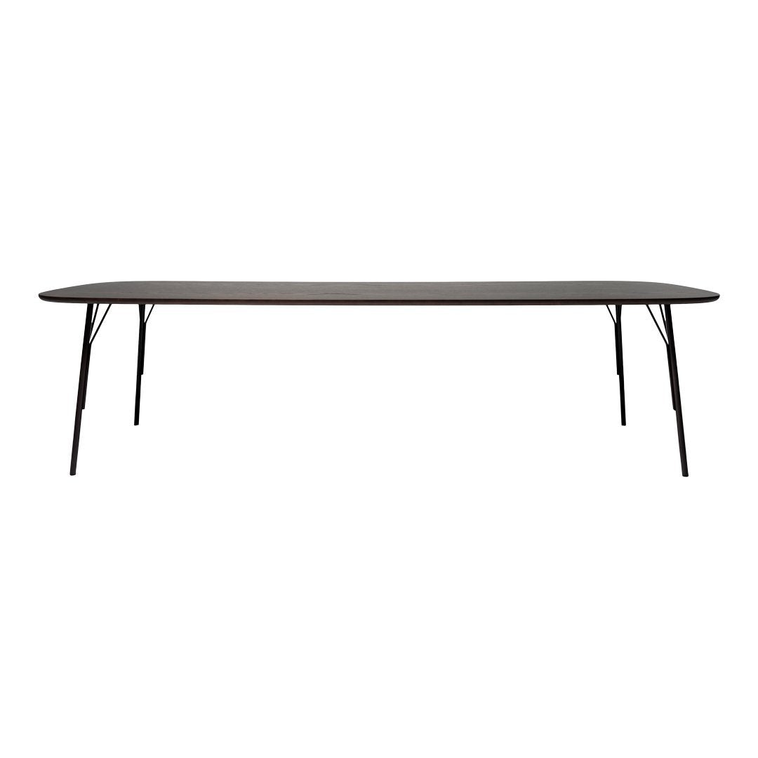 Long wooden table with a sleek brown finish and minimalist black metal legs. Ideal for modern decor.