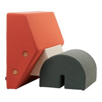 Two geometric cushions in vibrant orange and muted green, featuring smooth and textured surfaces. Ideal for modern decor.