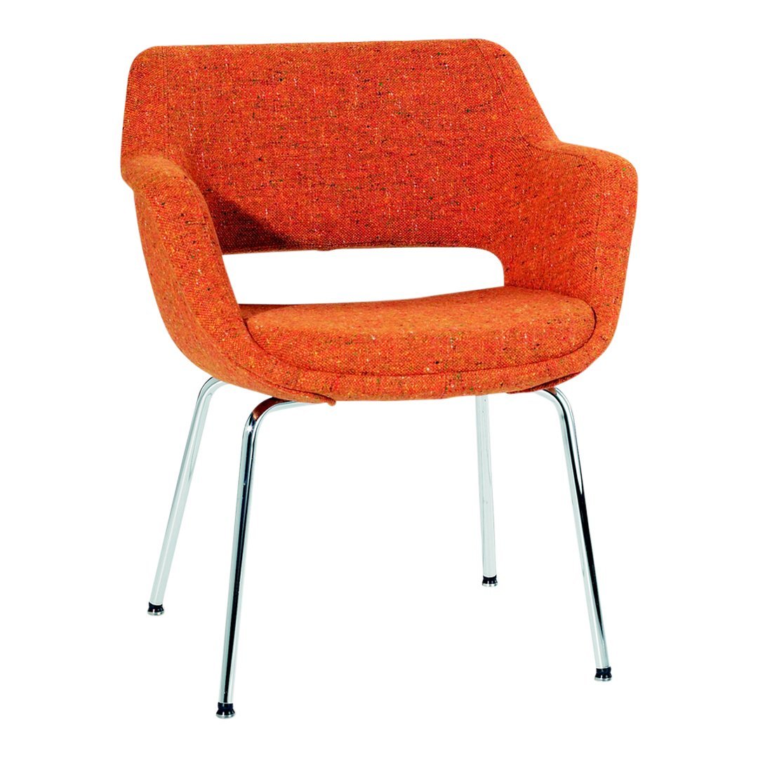 Vibrant orange upholstered chair with a textured fabric and sleek chrome legs. Perfect for modern interiors.