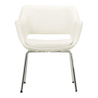 White modern chair with sleek chrome legs, featuring a minimalist design and smooth fabric texture.