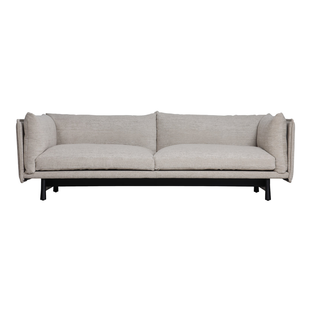 Light beige sofa with modern lines and textured fabric, featuring a minimalist black base. Perfect for contemporary decor.