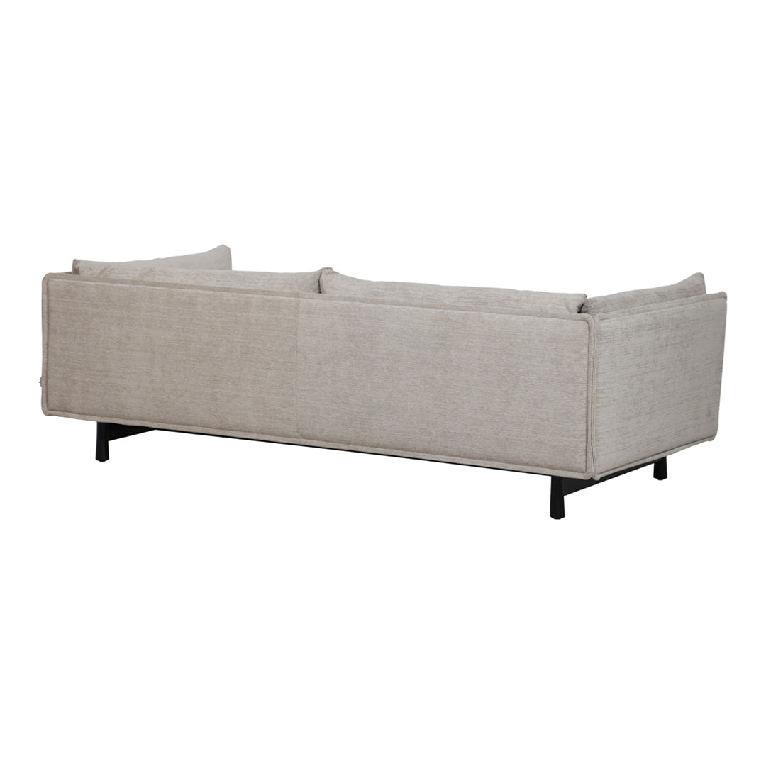 Light beige fabric sofa with a sleek, minimalist design and black metal legs, perfect for modern interiors.