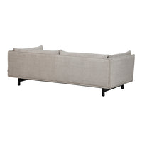 Light beige fabric sofa with a sleek, minimalist design and black metal legs, perfect for modern interiors.