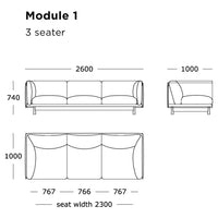 Three-seater sofa design featuring solid, modern lines with a sleek, minimalist aesthetic in neutral tones.