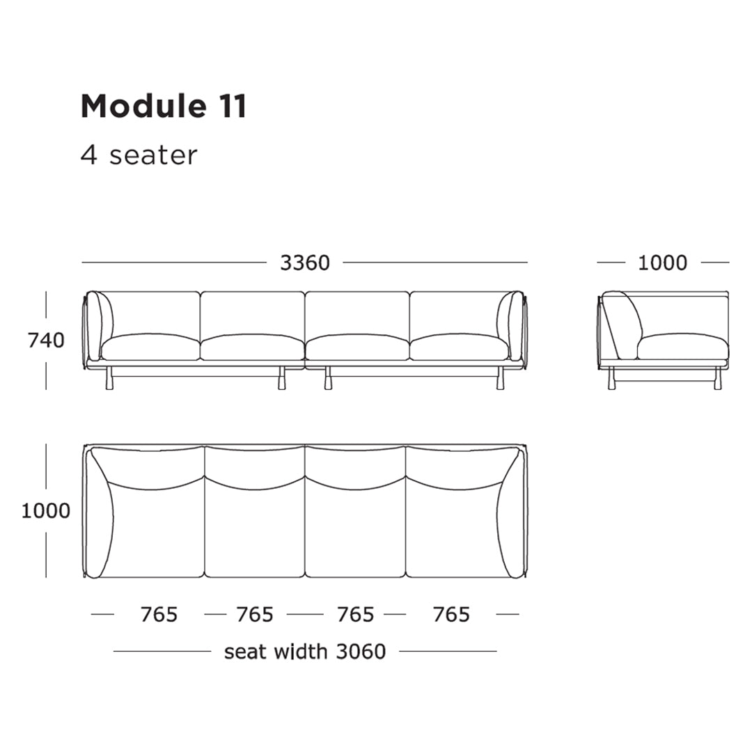 Four-seater sofa blueprint with a simple, modern design featuring straight lines and curved edges.