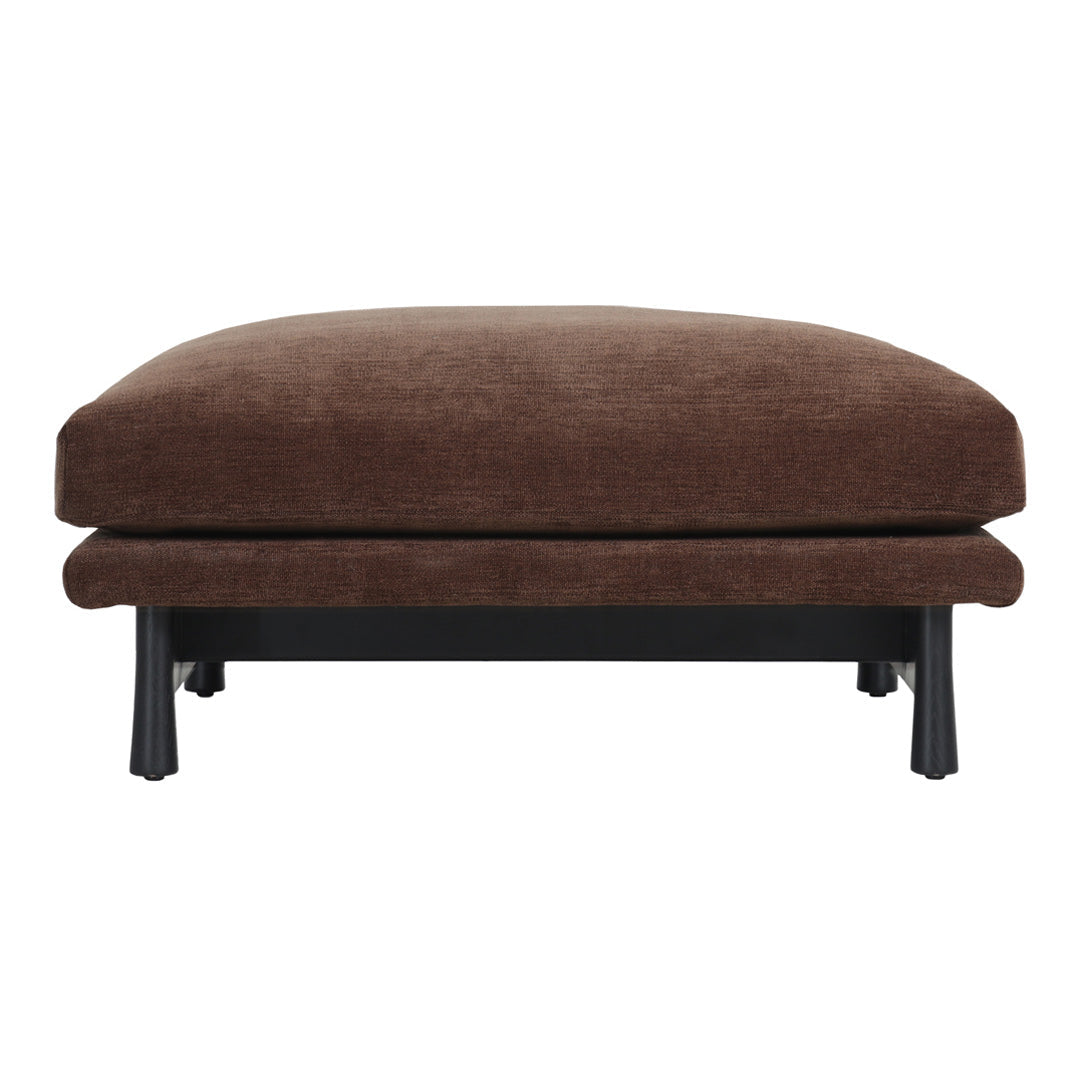 Brown upholstered ottoman with a smooth, solid pattern and sleek black legs. Perfect for any modern living space.