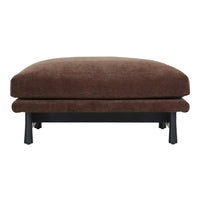 Brown upholstered ottoman with a smooth, solid pattern and sleek black legs. Perfect for any modern living space.