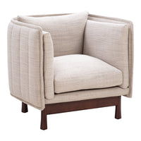 Light beige upholstered armchair with subtle textured pattern and wooden base. Perfect for modern decor.