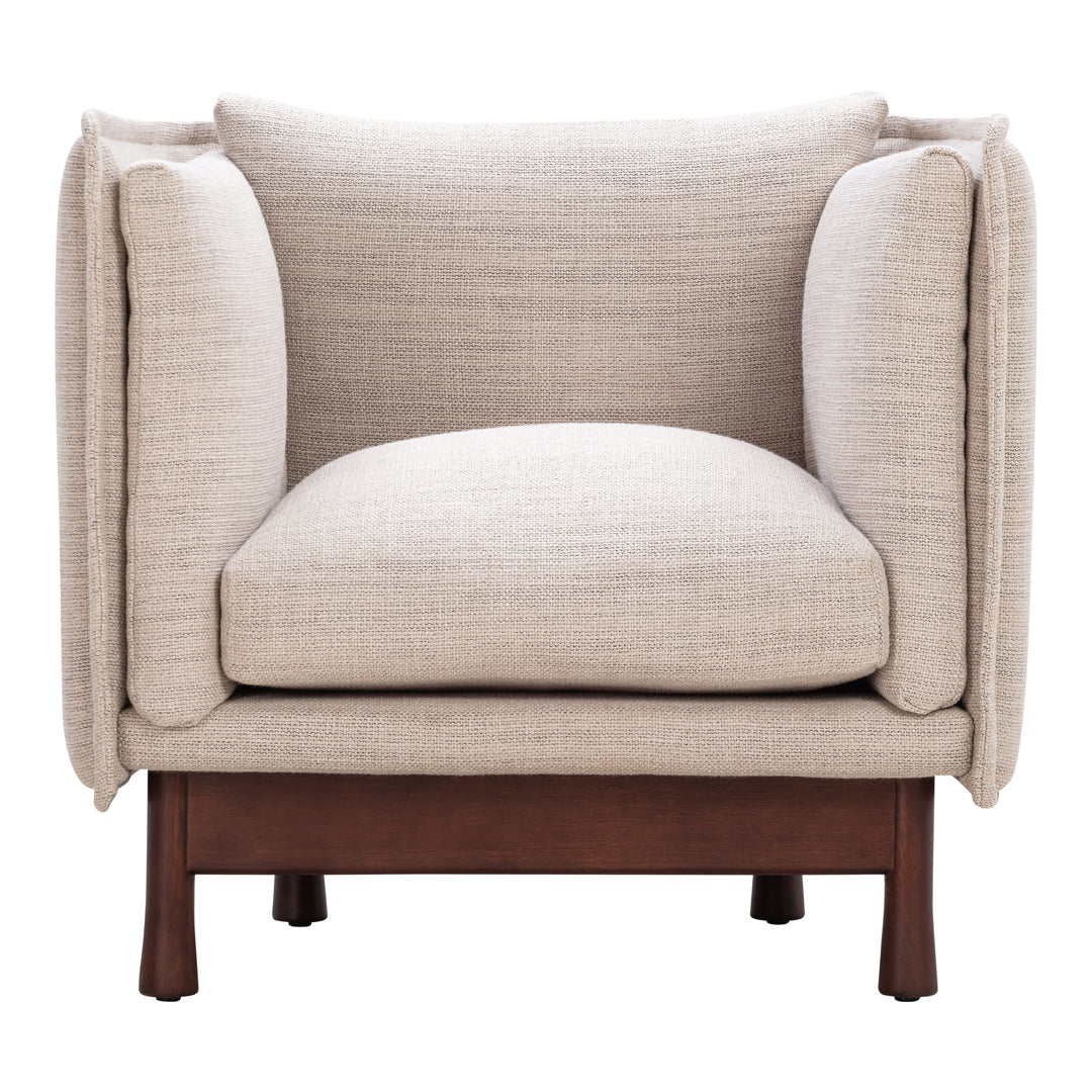Beige linen armchair with plush cushions and a sleek wooden base, offering a modern and cozy aesthetic.