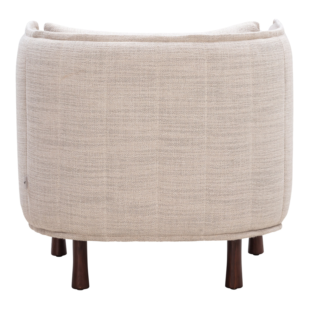 Beige textured fabric barrel-shaped chair with wooden legs, offering a minimalist and modern aesthetic.