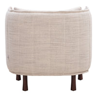 Beige textured fabric barrel-shaped chair with wooden legs, offering a minimalist and modern aesthetic.