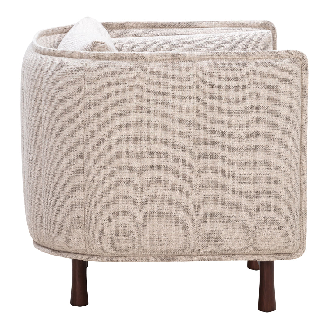 Beige textured fabric storage basket with subtle linear pattern and dark wooden legs.