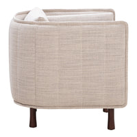 Beige textured fabric storage basket with subtle linear pattern and dark wooden legs.