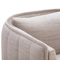 Neutral beige fabric sofa with subtle textured stripes and smooth contours, perfect for modern living spaces.