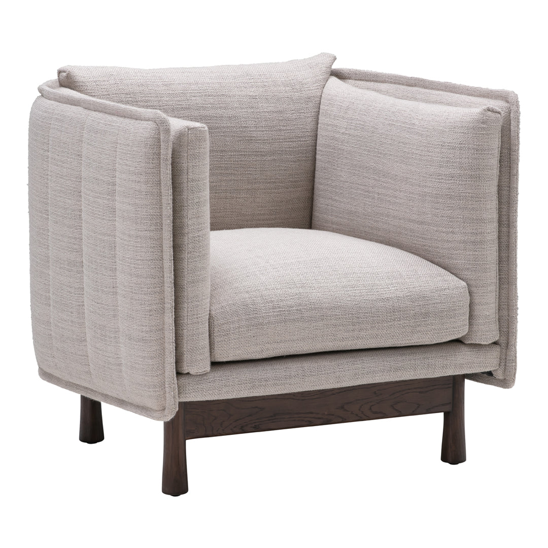 Light beige upholstered armchair with a textured pattern and dark wooden legs, perfect for modern decor.