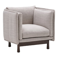 Light beige upholstered armchair with a textured pattern and dark wooden legs, perfect for modern decor.