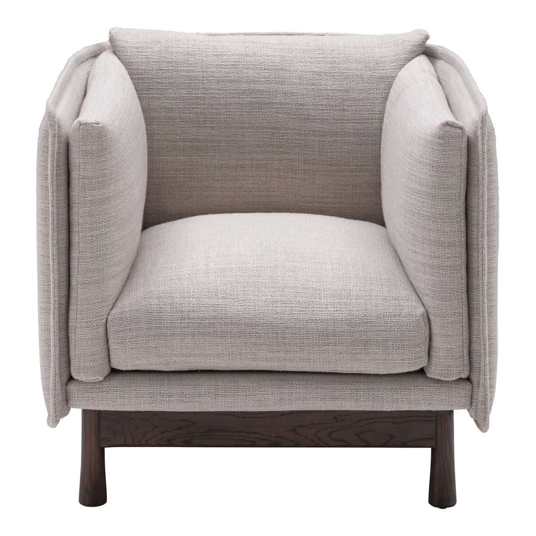 Light gray upholstered chair with a textured finish and natural wood legs. Modern, minimalist design for contemporary decor.