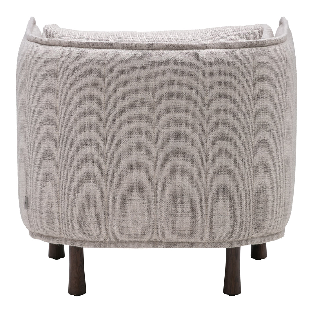 Soft beige upholstery with textured pattern and dark wooden legs, perfect for modern home decor.
