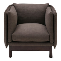 Brown textured fabric armchair with rounded armrests and a minimalist design, ideal for modern decor.