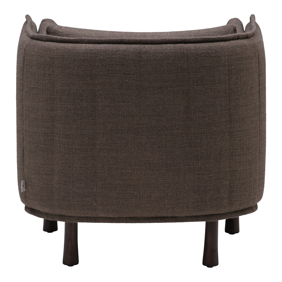 Round brown accent chair with a textured fabric and dark wooden legs, ideal for modern decor.