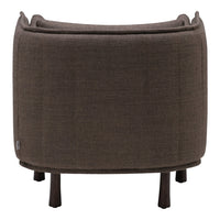 Round brown accent chair with a textured fabric and dark wooden legs, ideal for modern decor.