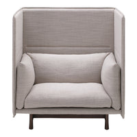 Light gray upholstered armchair with simple, textured fabric and a minimalist design.
