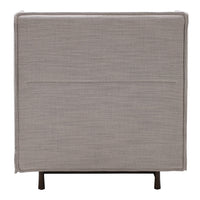 Gray fabric ottoman with a smooth textured pattern and sleek black metal legs. Perfect for modern interior decor.