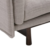 Light gray textured fabric sofa with smooth wooden legs, featuring a clean and modern design.