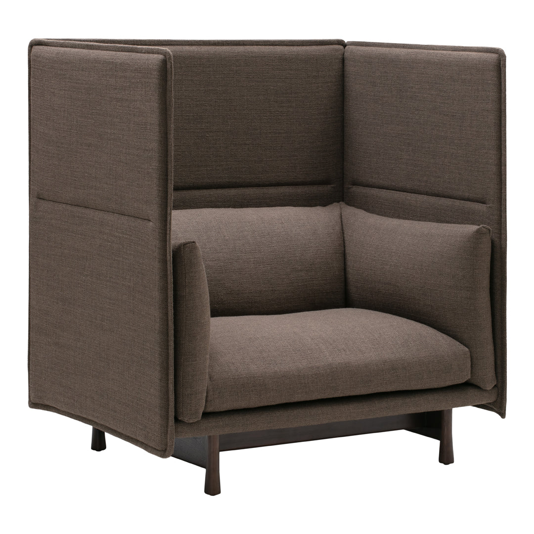 Brown upholstered chair with a modern, minimalist design and solid wood legs, featuring smooth textures and clean lines.