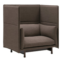 Brown upholstered chair with a modern, minimalist design and solid wood legs, featuring smooth textures and clean lines.