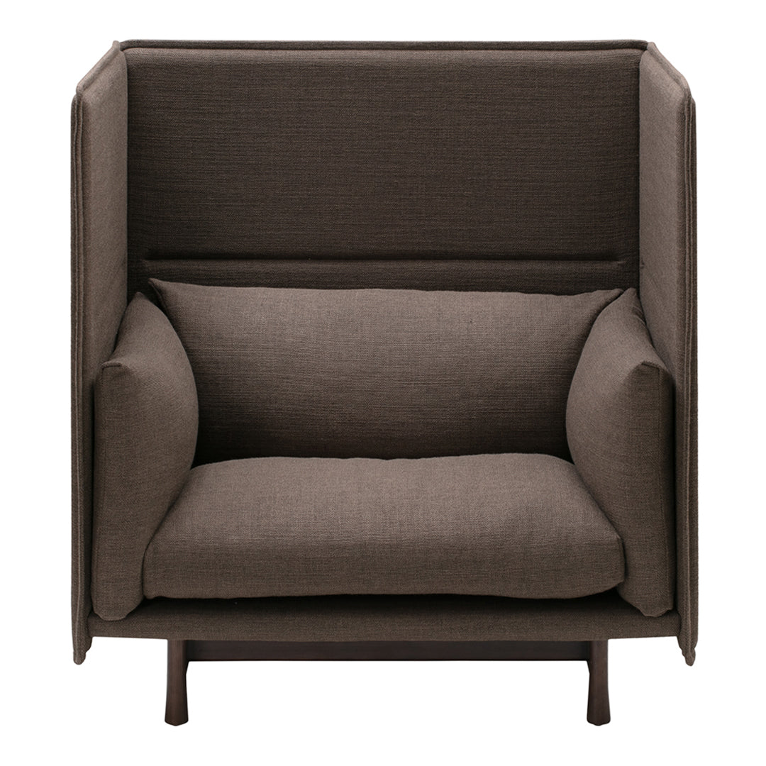 Brown upholstered armchair with a textured pattern and modern, minimalist design. Ideal for cozy spaces.