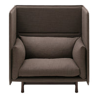Brown upholstered armchair with a textured pattern and modern, minimalist design. Ideal for cozy spaces.