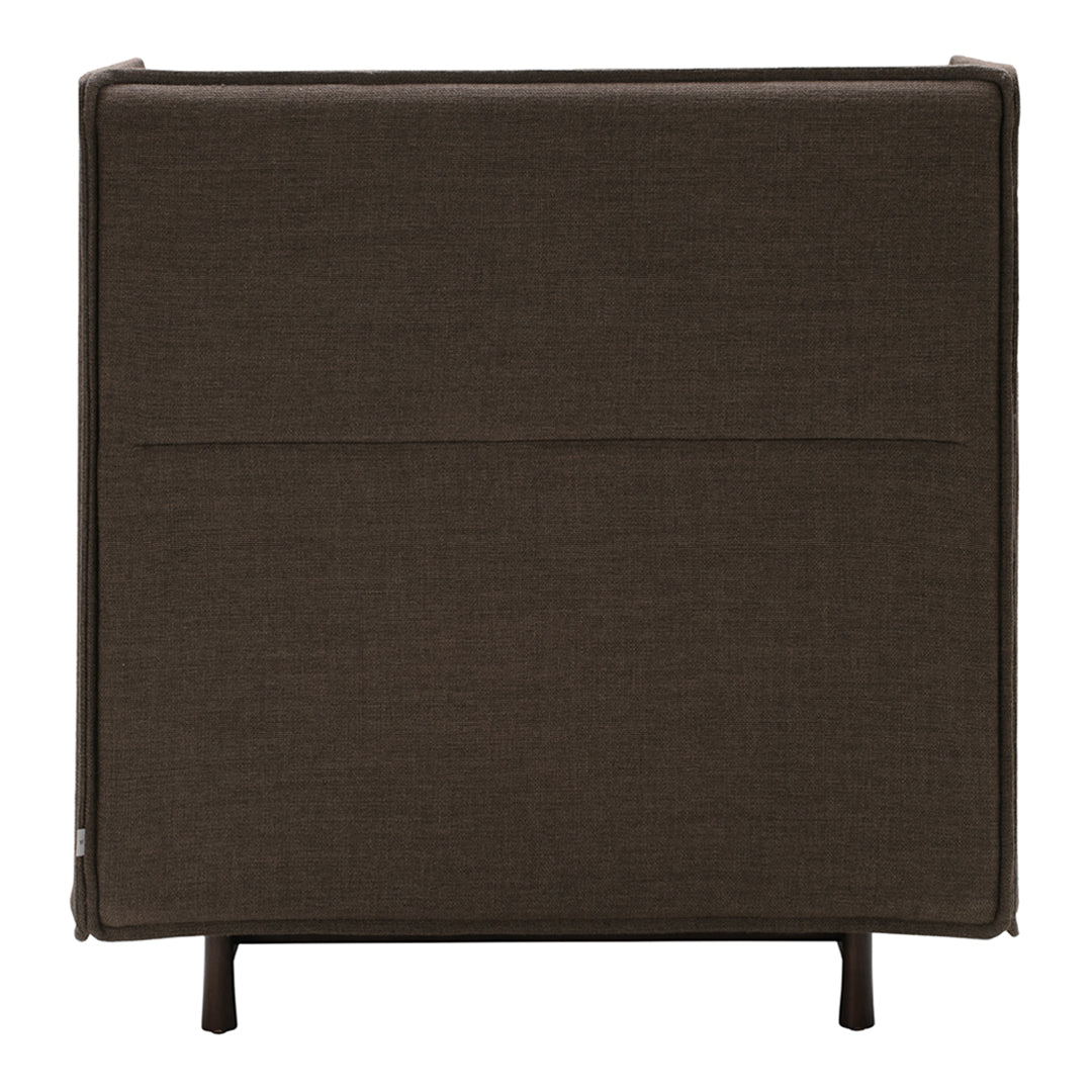 Dark brown fabric rectangular stool with a clean, minimalist design and black metal legs.
