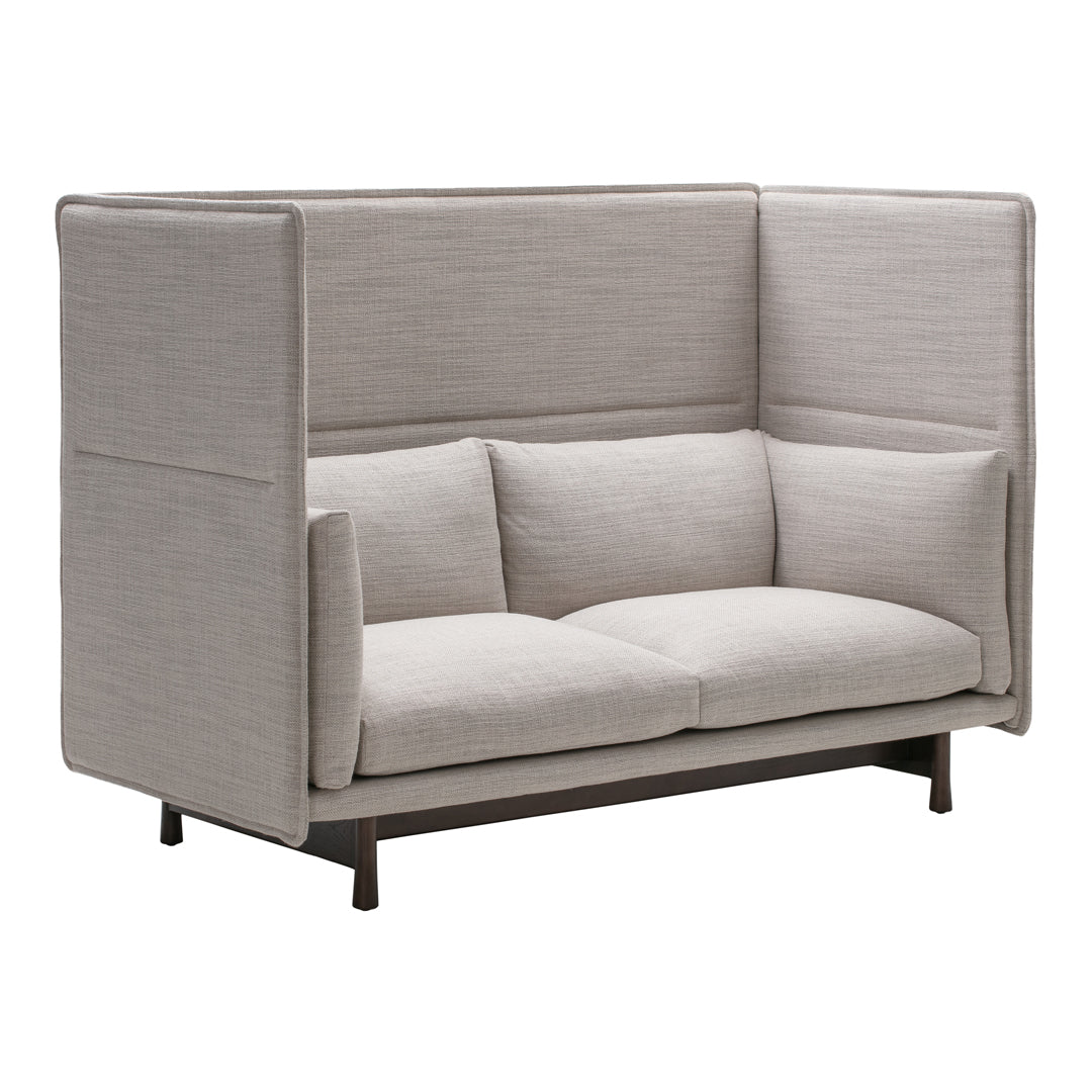 Beige fabric sofa with high back and contemporary design, featuring solid gray cushions and minimalist lines.