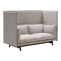 Beige fabric sofa with high back and contemporary design, featuring solid gray cushions and minimalist lines.