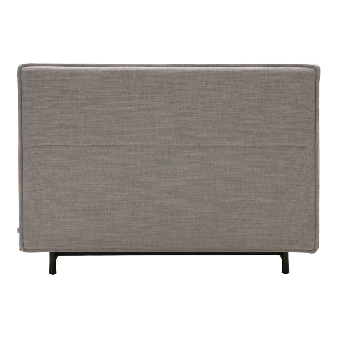 Gray textured upholstery with a subtle pattern, complemented by sleek black metal legs. Perfect for modern decor.